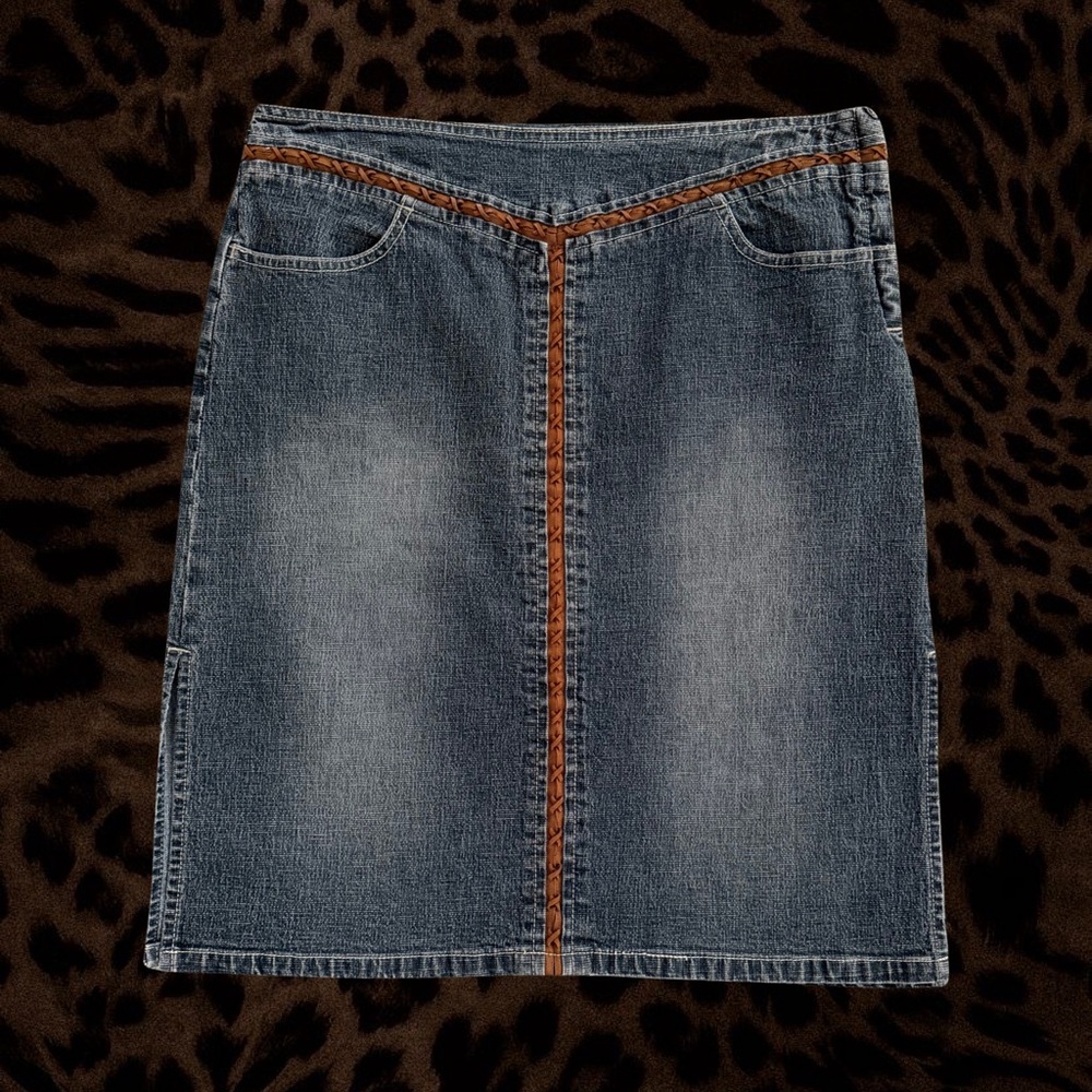Squeeze Blue Denim Pencil Skirt with Brown Braided Trim